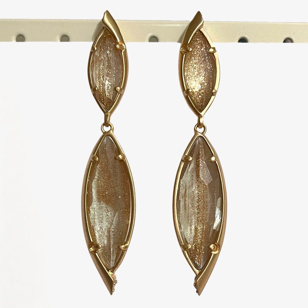 Kendra Scott Maisey Dangle Earrings Large Gold Tone Dust Glass Glitter Sparkle